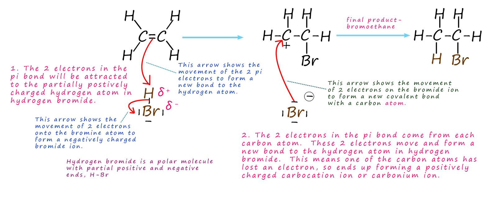 Detailed explanation of the mechanism of the electrophilic addition of hydrogen bromide to an alkene.
